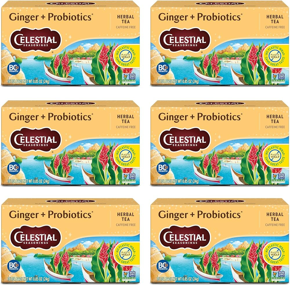 Celestial Seasonings Ginger + Probiotics Herbal Tea, Caffeine Free, 16 Tea Bags Box, (Pack of 6) | Amazon (US)