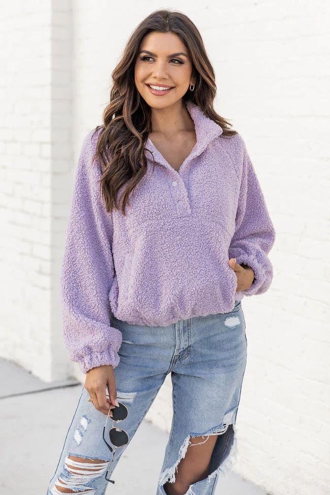 Let My Guard Down Lilac Sherpa Snap Button Pullover | Pink Lily