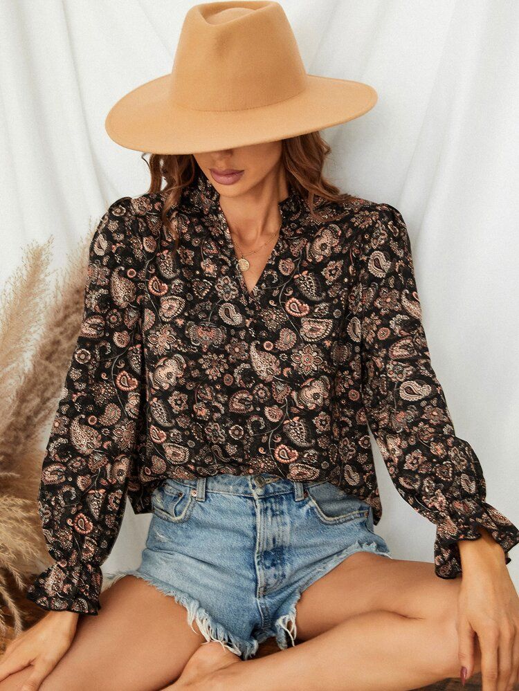 Paisley Print Flounce Sleeve Blouse | SHEIN