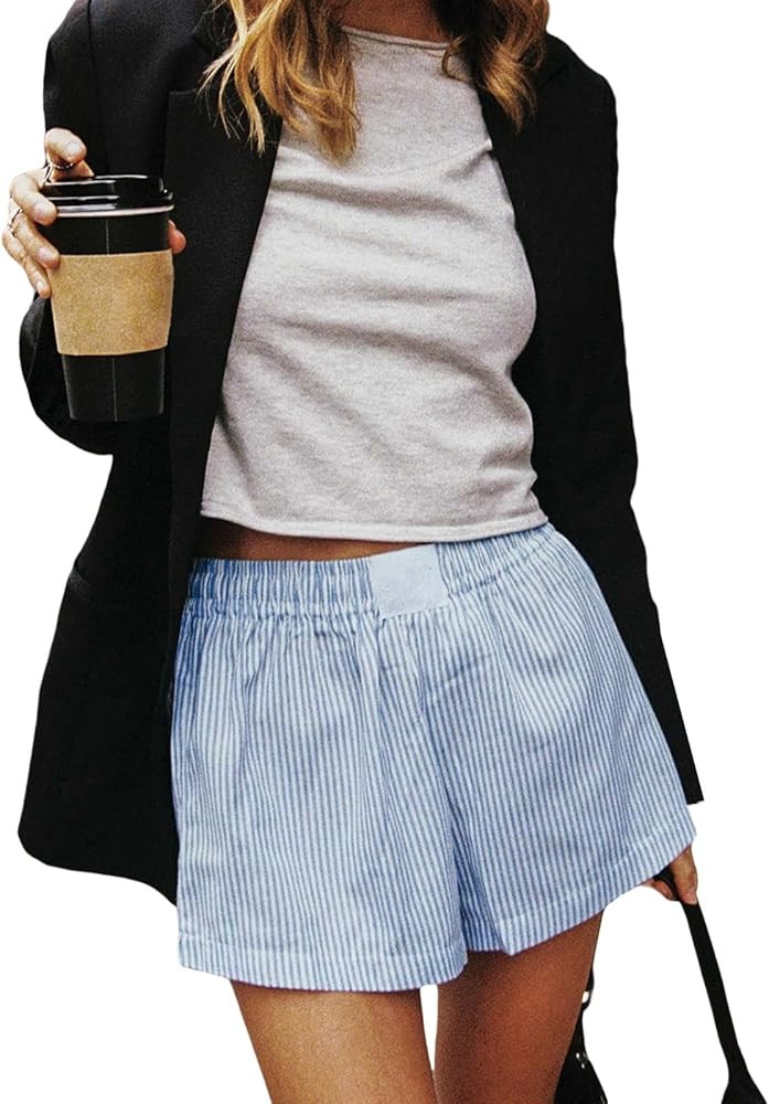 Women Y2k Stripe Boxer Shorts Elastic high Waist Pajama Bottoms Wide Leg Striped Lounge Shorts Su... | Amazon (US)