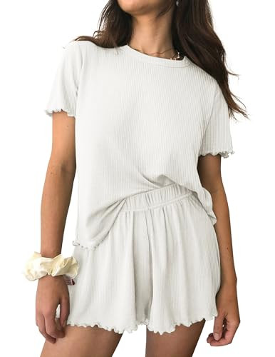 Ekouaer Womens Pajamas 2 Piece Ribbed Knit Pjs Short Sleeve Sleepwear Set Summer Soft Pajamas Set Casual Lounge Sets White XL | Amazon (US)