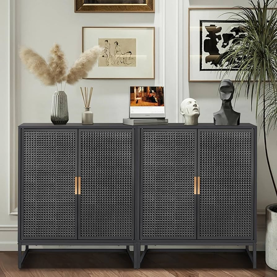 Sideboard Buffet Cabinet Set of 2, Accent Cabinet Iron Rattan Kitchen Storage Cabinet Console Tel... | Amazon (US)