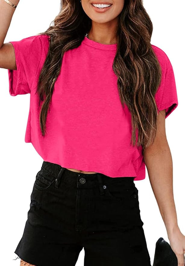 Tankaneo Women Short Sleeve Cropped T-Shirts Crew Neck Loose Crop Tops Summer Casual Drop Shoulde... | Amazon (US)