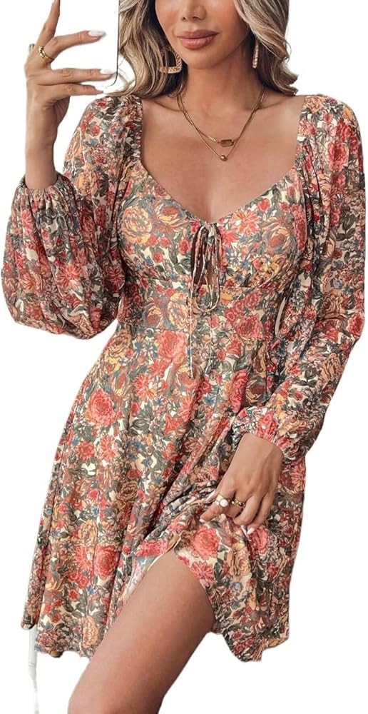 Dresses for Women Fashion Casual Floral All-Over Print Cinched Waist Midi Dress Trendy Mini Short... | Amazon (US)