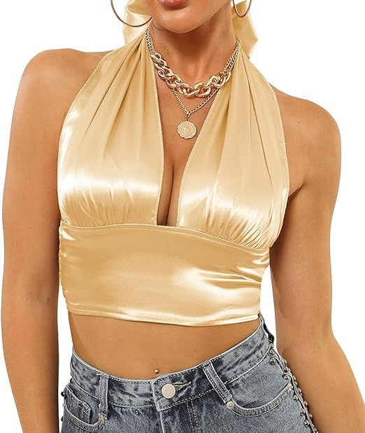 LYANER Women's Satin Halter Tie Backless Wrap Cut Out Cami Shirred Crop Top | Amazon (US)