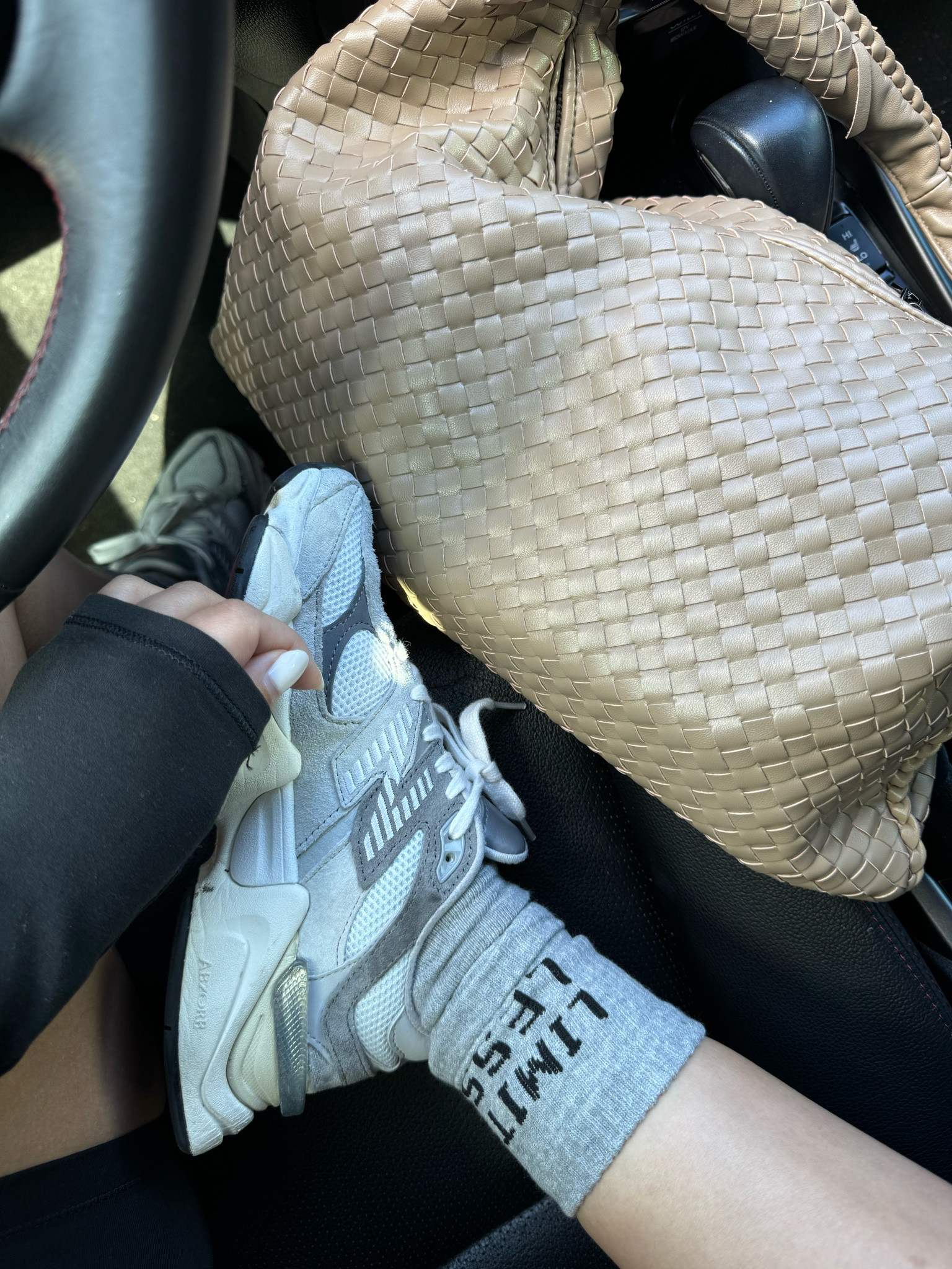 Pilates outfit details 
Long sleeve unitard romper: small 
Woven shoulder tote bag 
New balance 9060 sneakers: 4.5 men 
“Limitless” Grey long socks 

#LTKCon #LTKFitness #LTKActive