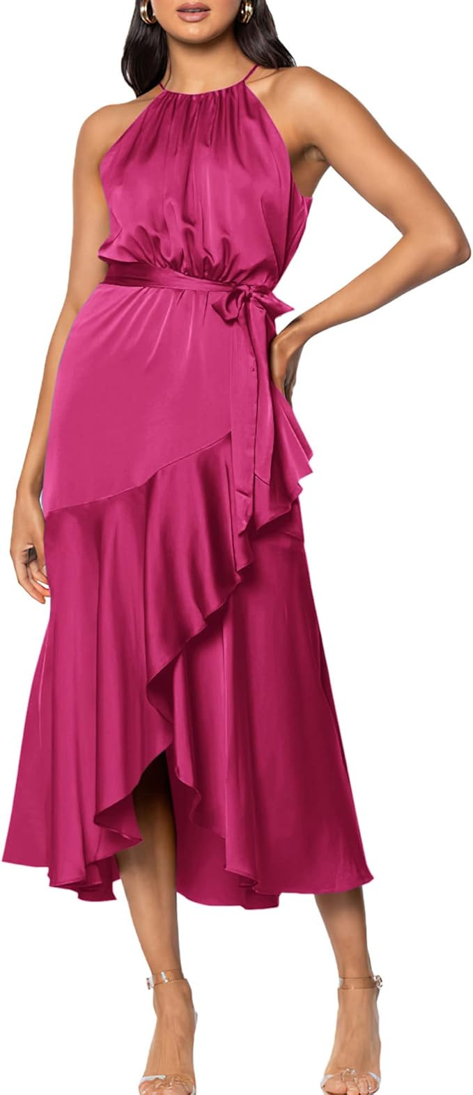 NOLLSOM Women's 2023 Summer Satin Dress Sleeveless Halter Neck Wrap Ruffle Dresses with Belt Soli... | Amazon (US)