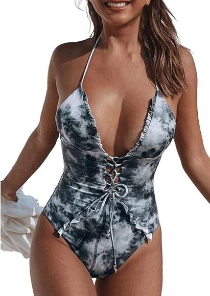 Bsubseach Lace Up Swimsuits for Women Sexy One Piece Bathing Suit Tie-Dye Swimwear | Amazon (CA)