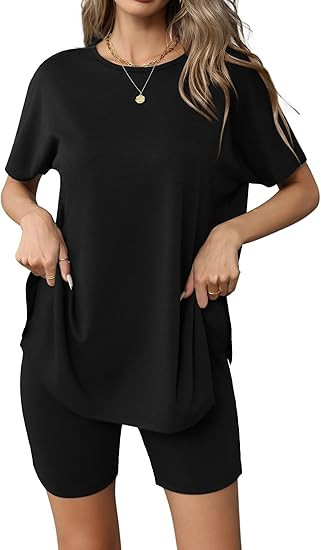 Ekouaer Women's 2 Piece Lounge Set 2026 Summer Biker Shorts Set Outfits Short Sleeve Oversized To... | Amazon (US)