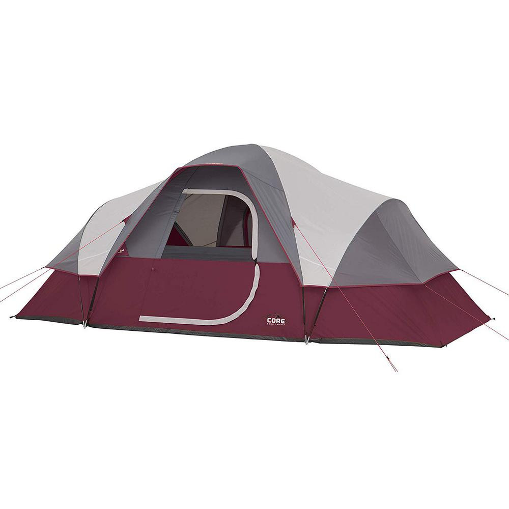 CORE 16 ft. L x 9 ft. W x 6 ft. H Extended Dome Tent 9-Person Camping Tent with Air Vents in Red | The Home Depot