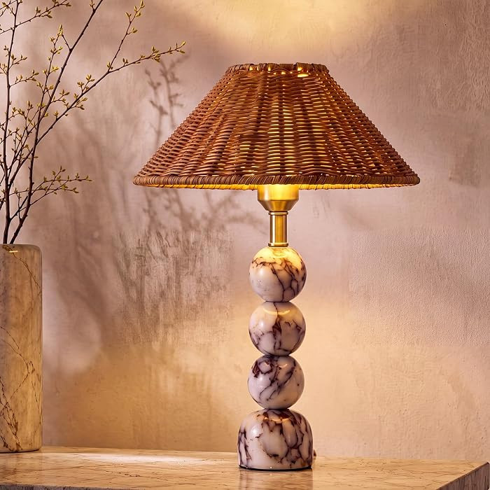 Gerrii Marble Lamp with Hand-Woven Rattan Shade, Luxury Marble Stacked Ball Table Lamp, 15" Stone... | Amazon (US)