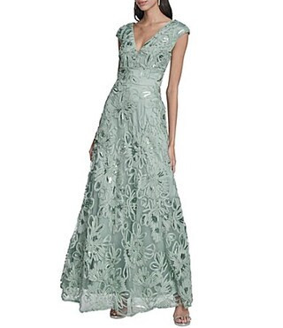 Eliza J Sequin Soutache V-Neck Cap Sleeve A-Line Gown - 10 | Dillard's