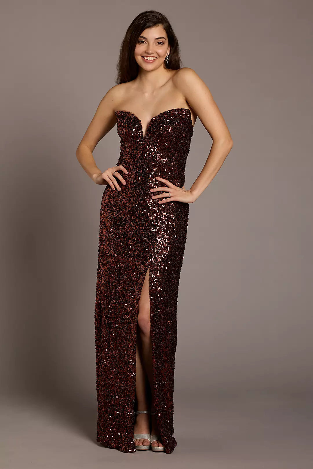 Strapless Notch Neckline Velvet Sequin Sheath | David's Bridal | David's Bridal