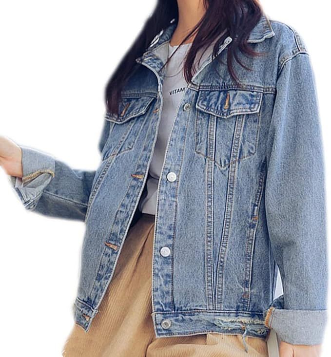 Saukiee Oversized Denim Jacket Distressed Boyfriend Jean Coat Jeans Trucker Jacket for Women Girl... | Amazon (US)