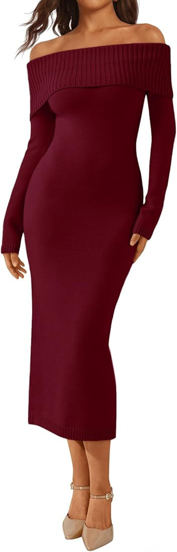 LILLUSORY Off Shoulder Sweater Dresses for Women Knit Bodycon Long Sleeve Fall Party Formal Midi ... | Amazon (US)