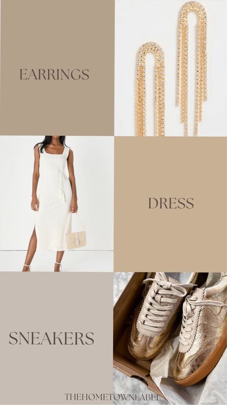 Rhinestone earrings 
White dress
Gold sneakers 

#LTKSeasonal