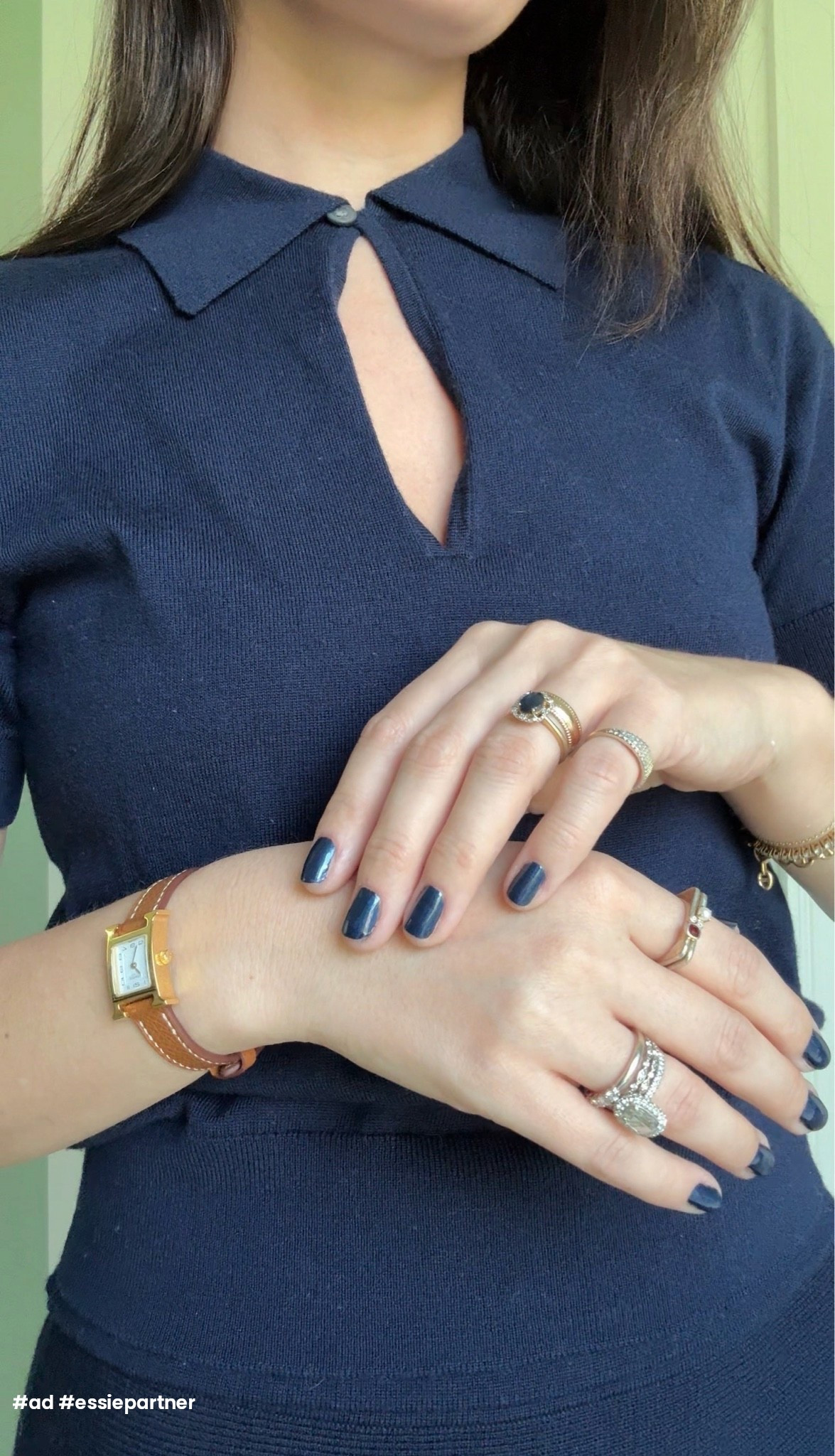 I partnered with @target and @essie just in time for a seasonal nail refresh. And I found the perfect Gel by essie fall shades.  Ice Ice Navy is a beautiful pearly sapphire blue. Just two coats followed by the Gel by Essie Shiny Top Coat gives you that high-shine gel manicure finish, right at home. #ad #targetpartner #essiepartner