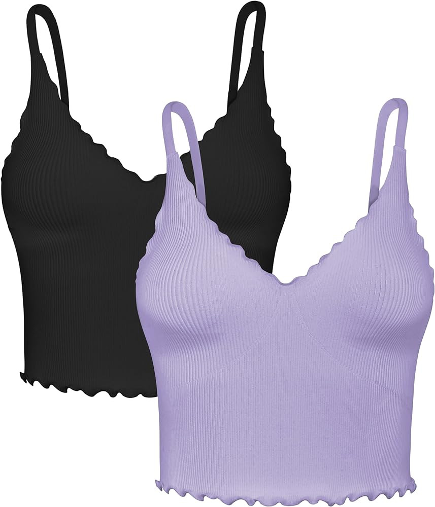 Sunzel Tank Top for Women, V Neck Seamless Ribbed Crop Sports Bra with Ruffles | Amazon (US)