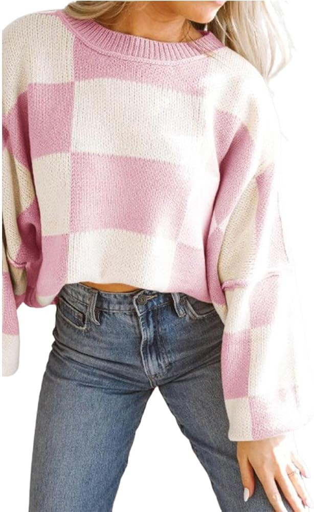 Women's Casual Crew-Neck Long Sleeve Sweater Checkered Pullover Knit Sweaters Jumper Top | Amazon (US)