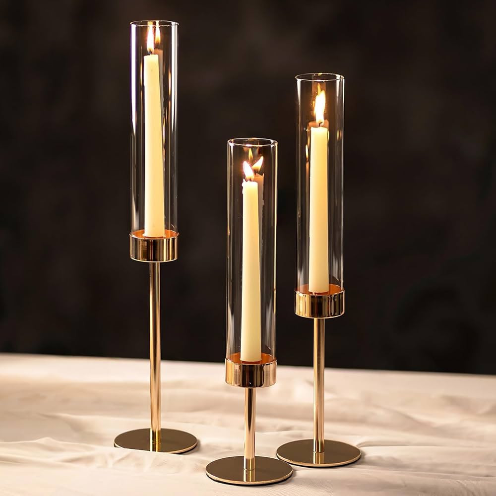 NUPTIO Hurricane Candlestick Holders for Centerpiece: 3 Pcs Gold Taper Candle Holder with Clear G... | Amazon (CA)