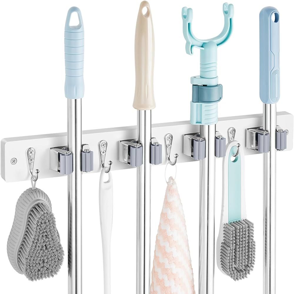 White Mop Broom Holder Wall Mount with 4 Slots & 4 Hooks - Wood Broom Mop Hanger for Pantry Close... | Amazon (US)
