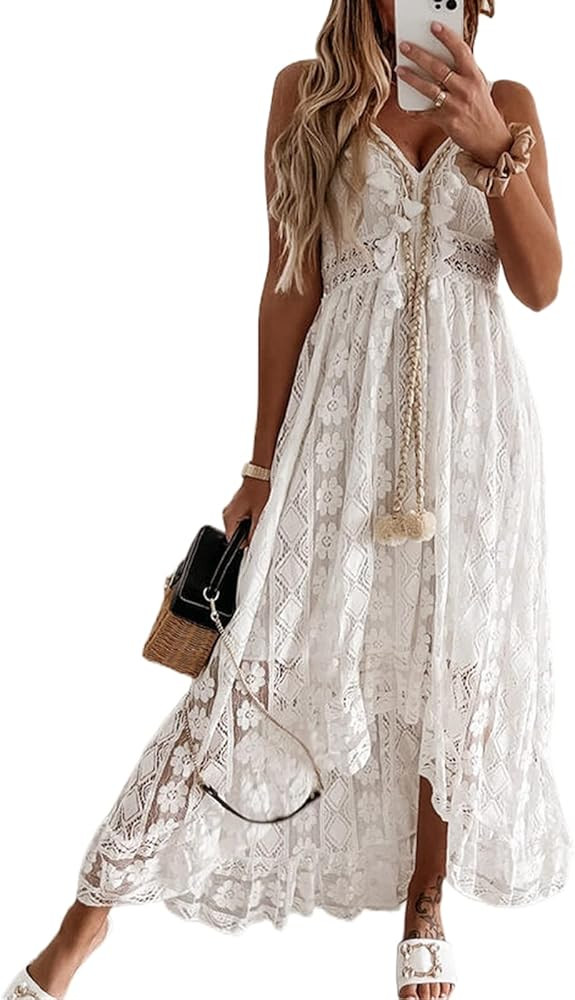 Women's Summer Dress V Neck Spaghetti Strap Sleeveless High Waist Bohemian Wedding Beach Casual Maxi | Amazon (US)