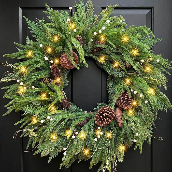 Pre Lit Christmas Wreaths for Front Door 24 Inch Green Norfolk Pine Wreath | Amazon (US)