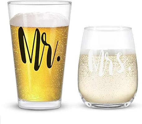 Mr and Mrs Stemless Wine Glass and Beer Glass Perfect Gift Set for Wedding Engagement Birthday An... | Amazon (US)