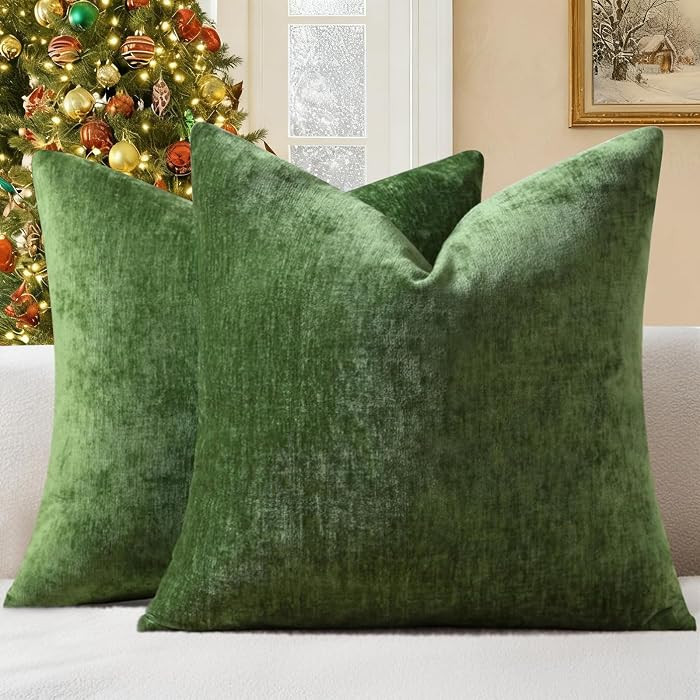 decorUhome Chenille Moss Green Fall Throw Pillow Covers 18x18 Inch Set of 2, Decorative Soft Couc... | Amazon (US)