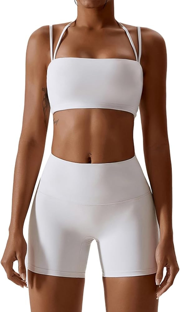 IMEKIS Women's Workout Sets 2 Piece Yoga Outfit High Waisted Biker Shorts Leggings Sports Bra Gym... | Amazon (US)