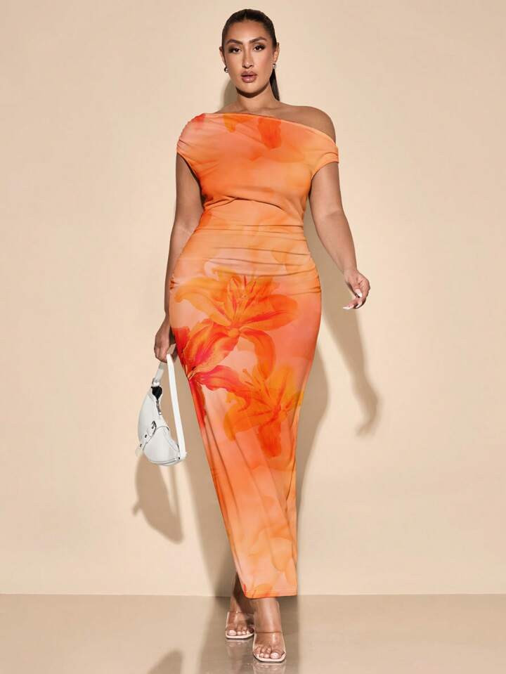 SHEIN BAE Plus Size Casual Asymmetrical Shoulder Printed Dress, Summer,Birthday Dresses For Women | SHEIN