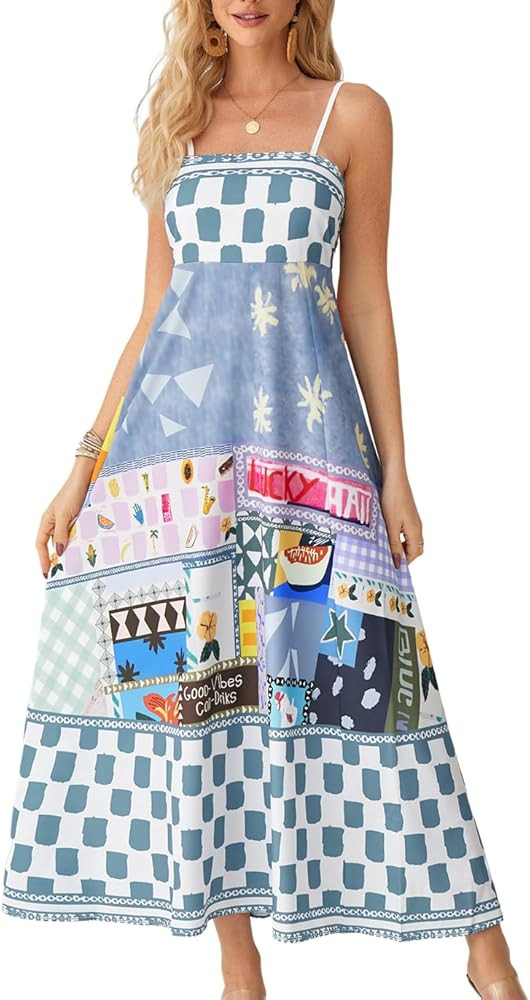 Apvirdy Women's Sleeveless Smocked Sundress Y2K Graffiti Print Cami Dress Loose Spaghetti Strap F... | Amazon (US)