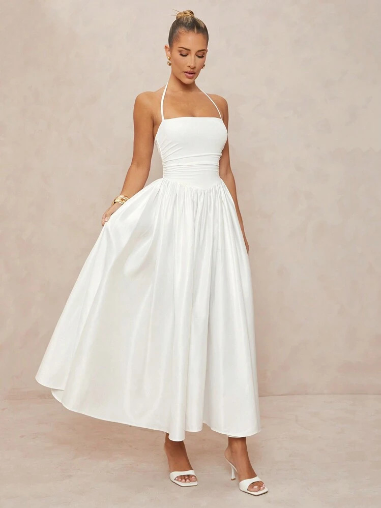 Lumalex Spring Outing Summer Swimsuit Swimwear Swim Old Money Vacation Bohemian BOHO Sea Beach Hot Outdoor Wedding Season Banquet Coming Of Age Ceremony Seaside Low-Cut Halter Satin Patchwork Ruched Waist Maxi A-Line Dress For Women,White Graduation Dress,Graduation,Teacher Outfits For Women,Teacher Dress | SHEIN