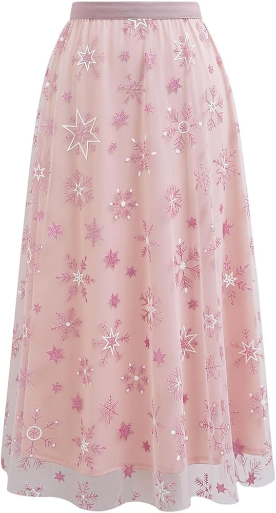 CHICWISH Women Glitter Star Snowflake Print Tulle Skirts High Waist A-Line Mesh Layered Fairy Chr... | Amazon (US)