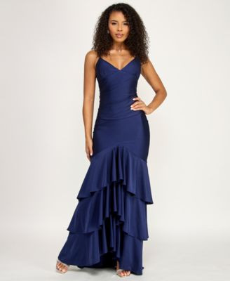 Juniors' V-Neck Tiered Tie-Back Gown | Macy's