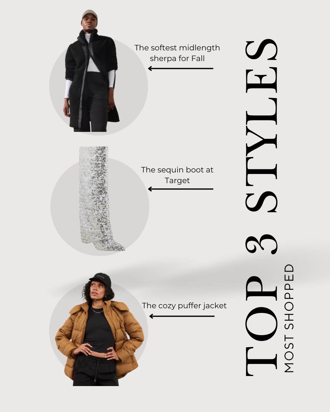 The 3 most clicked styles!  This mid length sharper jacket, which is now on sale for black Friday, these amazing tall sequin boots also available in black from target, and this great fitting hooded puffer jacket great for fall and  winter.

#Jackets #FallOutfits #SherpaJacket #WinterJacket #FallJacket #SequinBoots #Boots

#LTKShoeCrush #LTKGiftGuide #LTKSeasonal