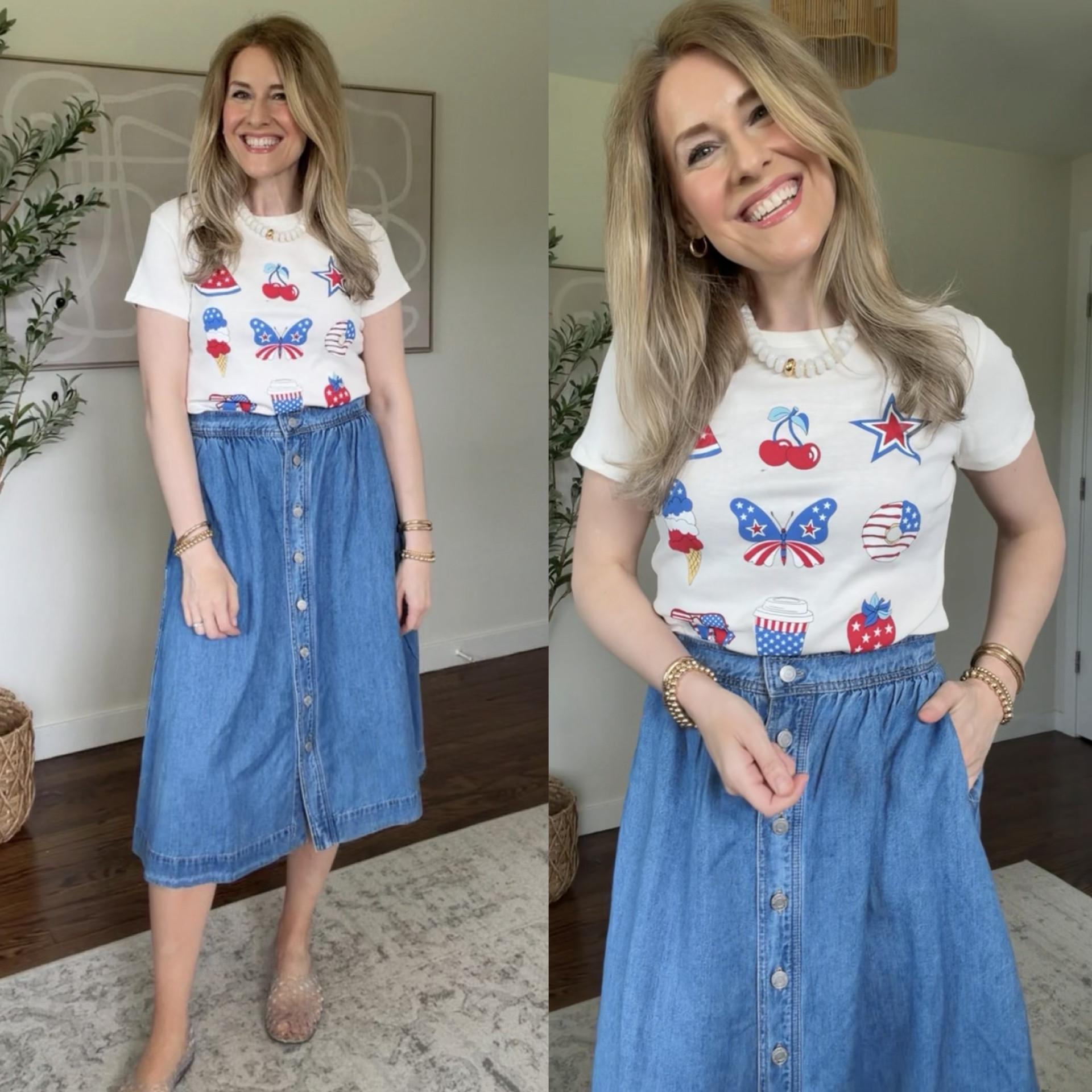 4th of July outfit idea with this darling $7 tee and $25 denim midi skirt! #walmartfashion Skirt fits tts, I’m in a small 4/6.

#LTKOver40