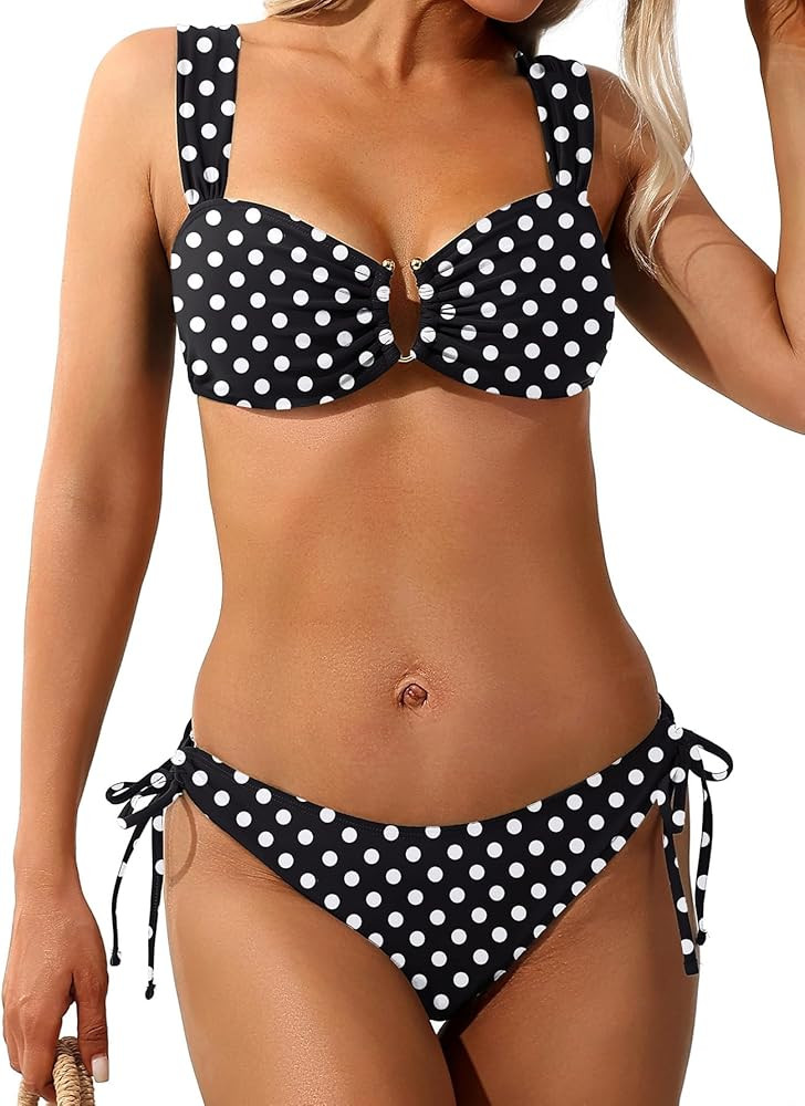 Women's Push Up Bikini Sets 2026, V Neck U-Wire Cutout Two Piece Swimsuit, Sexy Wide Strap Tie Ba... | Amazon (US)