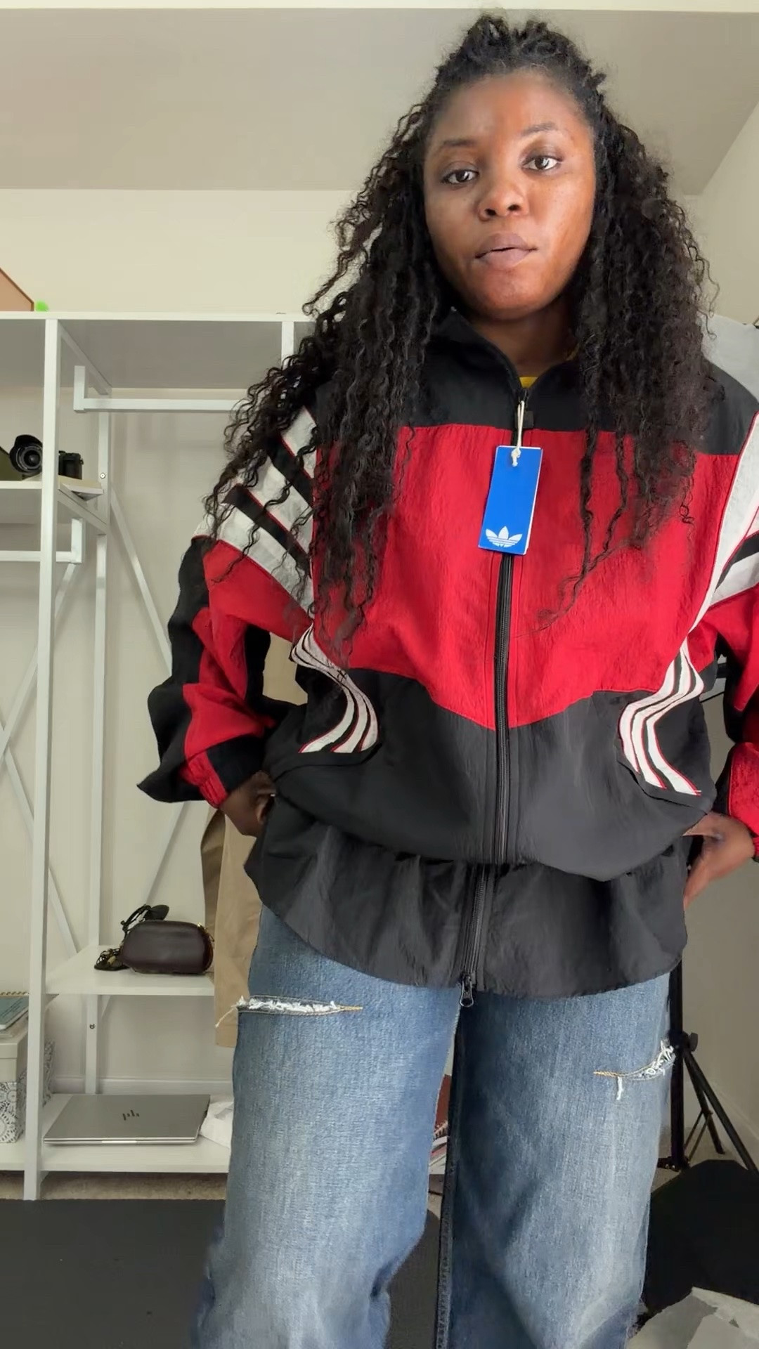 Track jacket outfit . Athleisure style , casual style