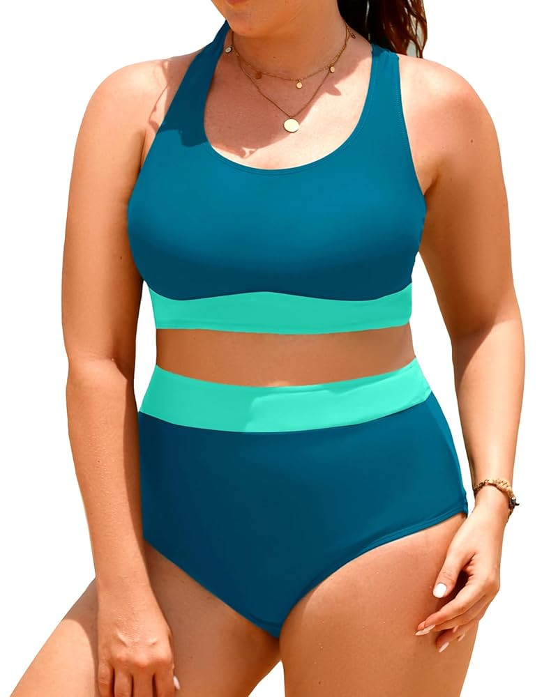 Aqua Eve Plus Size Two Piece High Waisted Bikini Swimsuits Scoop Neck Bikini Set Sporty Bathing S... | Amazon (US)