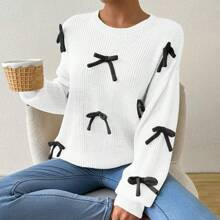 Women's Contrast Color Bow Decor Drop Shoulder Oversized Sweater | SHEIN