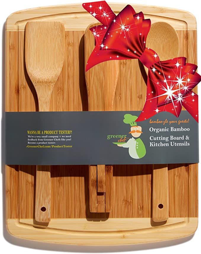 Bamboo Cutting Board Housewarming Gift Set - With Bonus 3-Piece Cooking Utensils - Wooden Spoon, ... | Amazon (US)