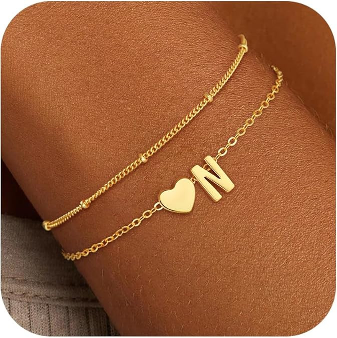 Christmas Gifts for Grandkids Teens Girls, 14K Gold Plated Heart Initial Bracelets for Women Girl... | Amazon (US)