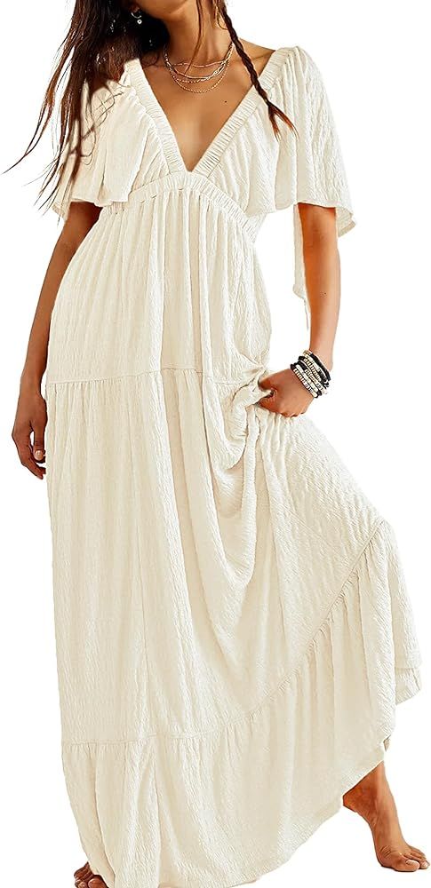 Summer Dresses for Women 2024 Sexy V-Neck Maxi Dress Tiered Silhouette with Flutter Sleeves Backl... | Amazon (US)