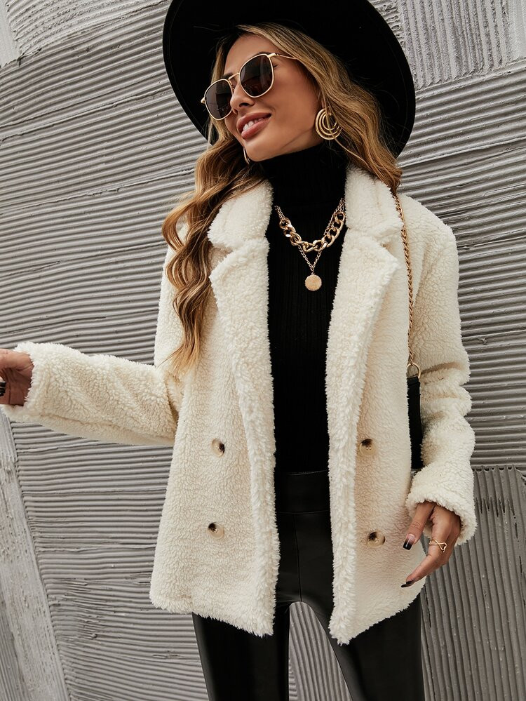 Lapel Collar Double Breasted Teddy Coat | SHEIN