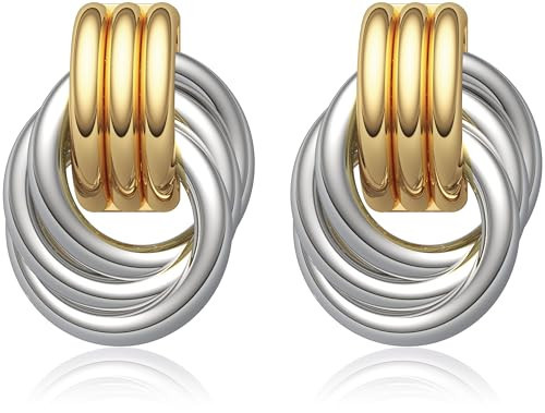 14k Chunky Gold Knot Earrings for Women, Chunky Mixed Metal Earrings for Women in Silver and Gold Plated, Two Tone Statement Jewelry with a Modern Geometric Twist | Amazon (US)