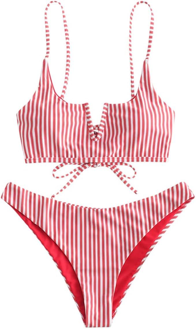 ZAFUL Women's V-Wired Striped Reversible Two Piece Bikini Set Strappy Swimsuit | Amazon (US)