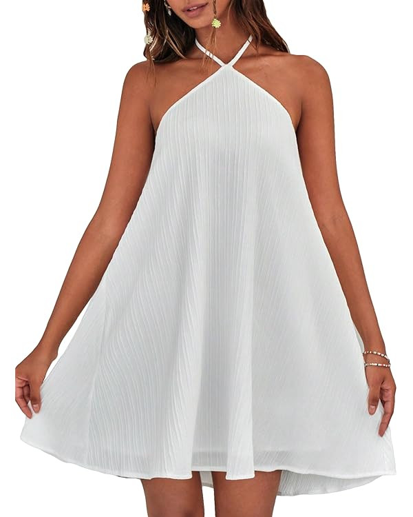 OYOANGLE Women's Summer Beach Dresses Sleeveless Halter Tie Back Solid Backless Flared Short Dres... | Amazon (US)