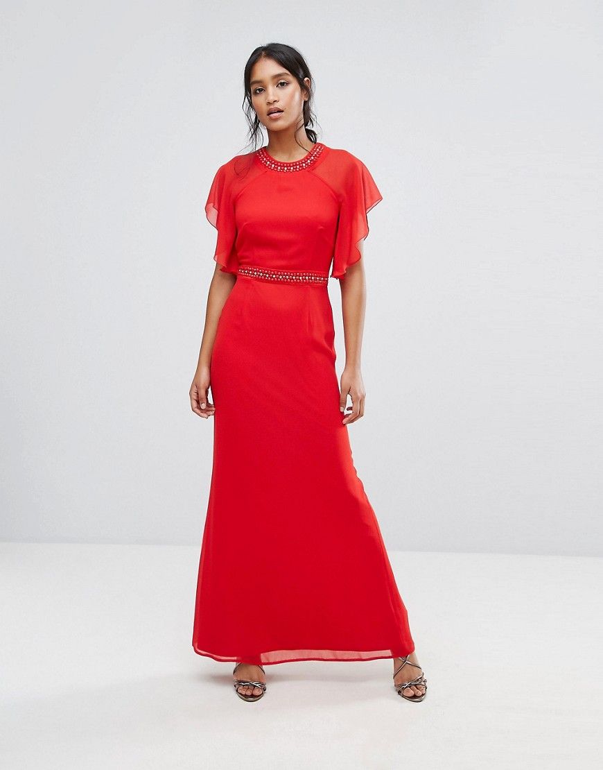 Elise Ryan Embellished Trim Maxi Dress With Fluted Sleeve - Red | ASOS US