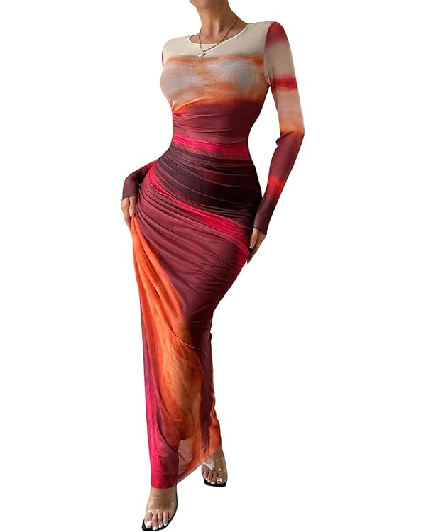 MARZXIN Women Long Sleeve Maxi Dress Bodycon Ruched Formal Slim Fit Tie Dye Dress Formal Mesh Dre... | Amazon (US)